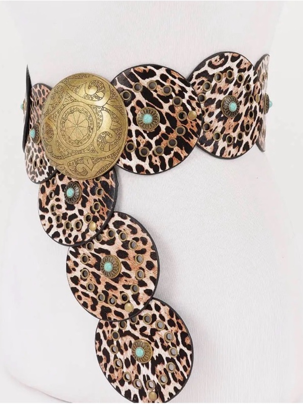 Leopard Print Disc Statement Hip Belt with Turquoise Accents